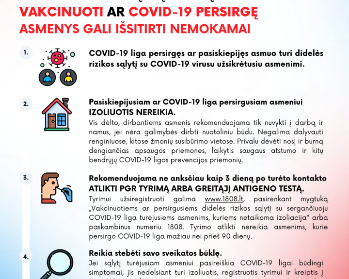 Didelės rizikos sąlytį turėję vakcinuoti ar COVID-19 persirgę asmenys gali išsitirti nemokamai   